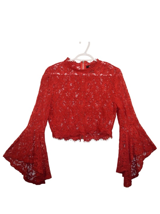 Revamped Tops - Revamped Red Lace Bell-Sleeve Crop Top